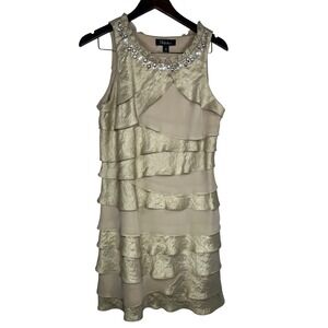 S.L. Fashions Tiered Ruffle Dress Womens 14 Gold Metallic Jeweled Cocktail Party